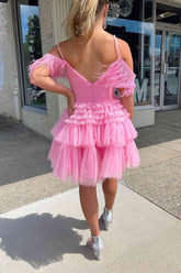 A Line Pink Glitter Tulle Homecoming Dress with Feather